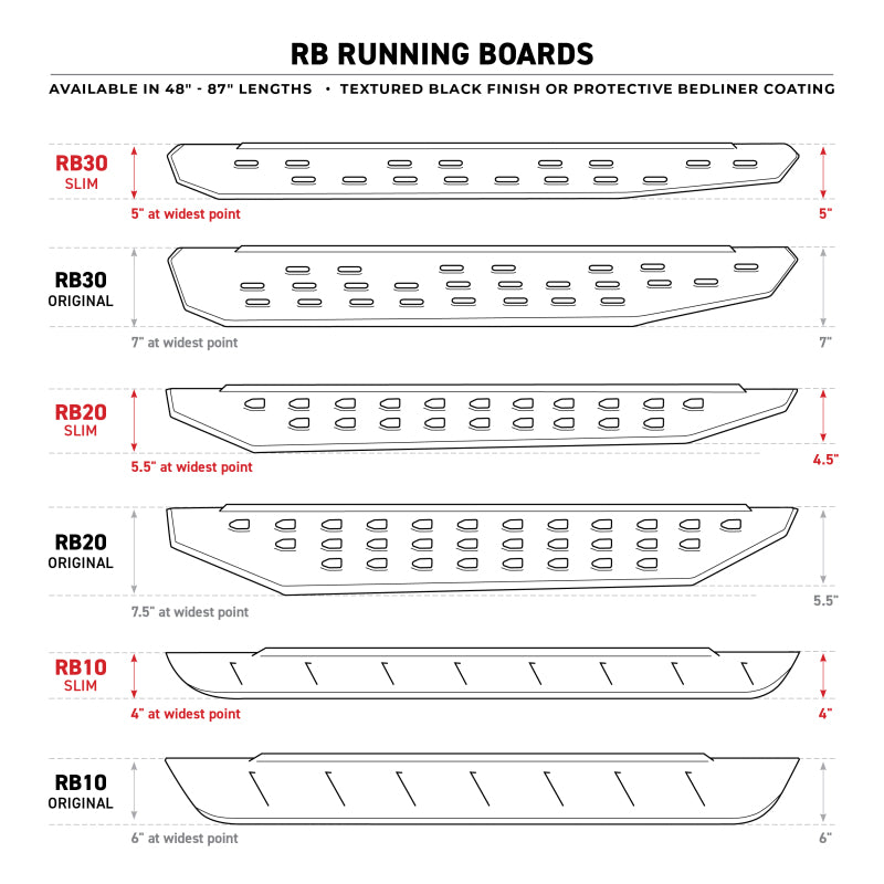 GOR RB10 Slim Running Boards - Go Rhino RB10 Slim Running Boards - Universal 48in. (Fits 2DR) - Bedliner Coating