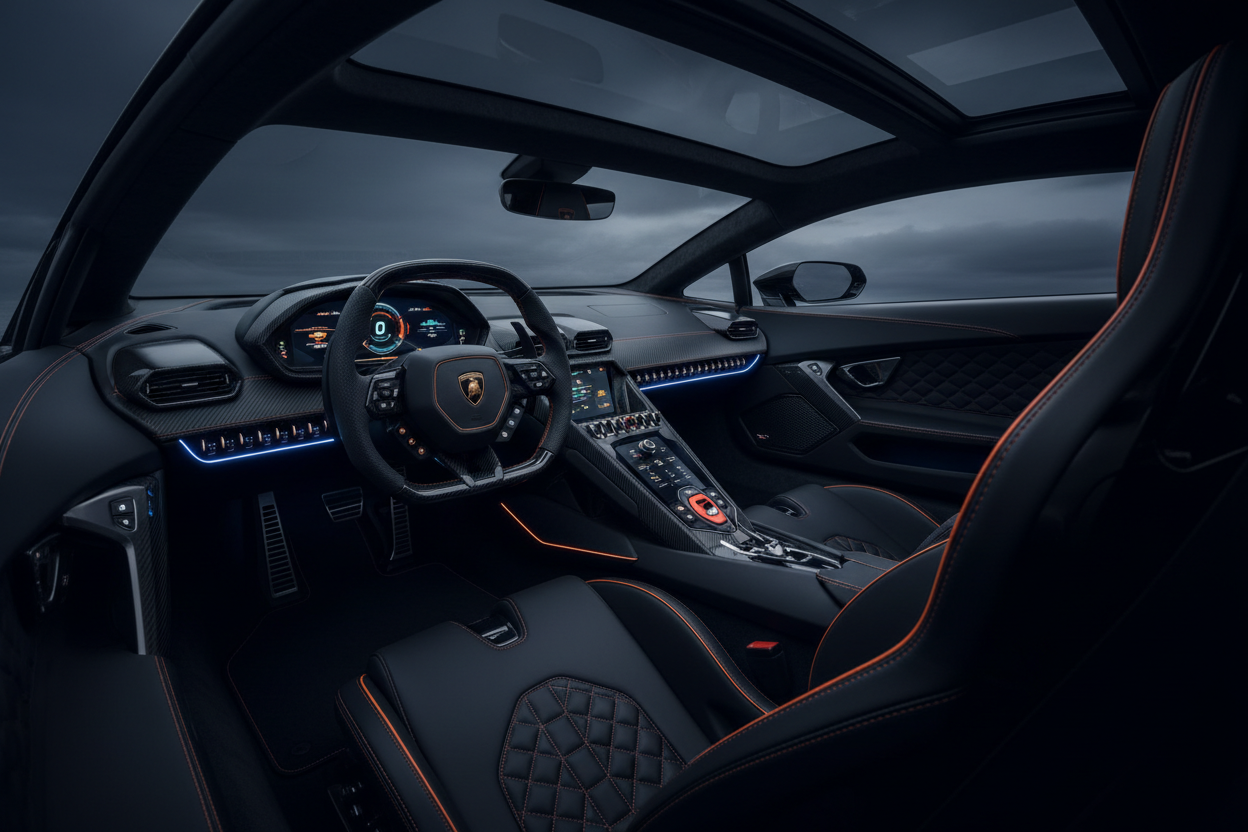 the interior car a lamborghini 2025, in black color.